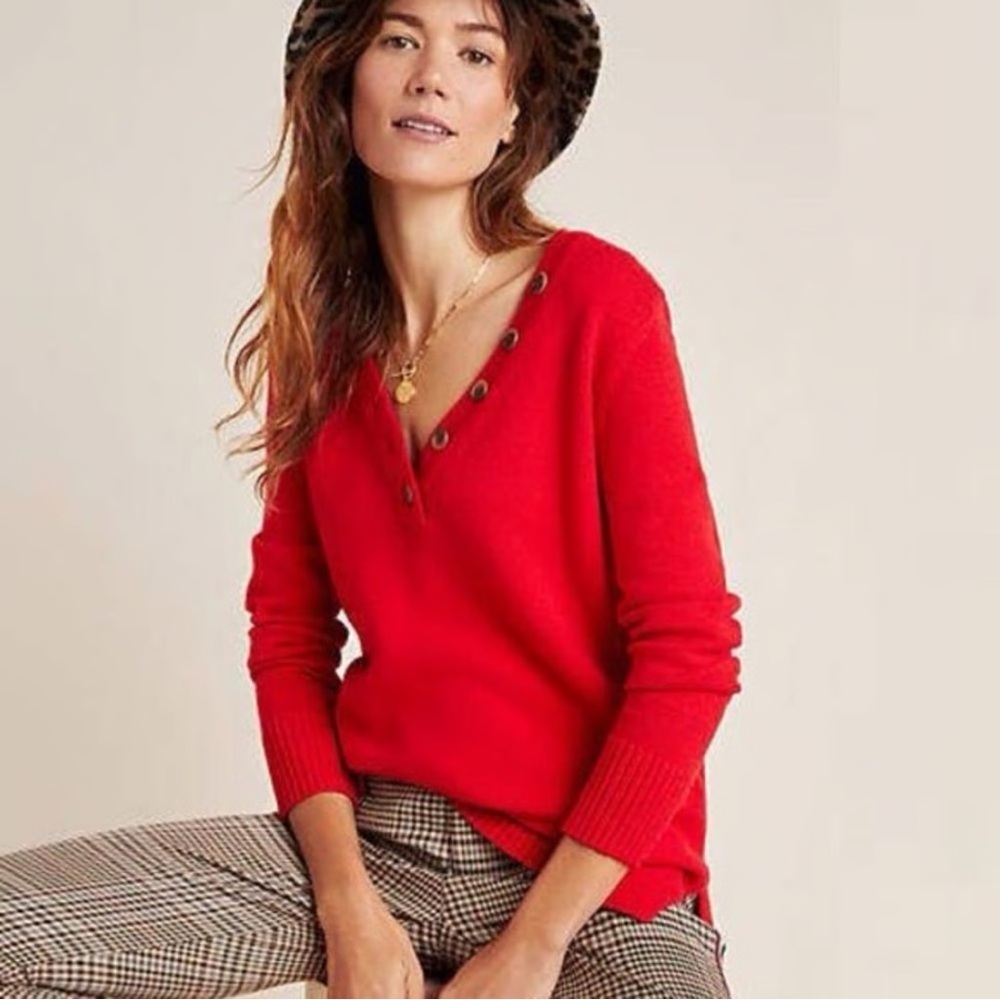 Anthropologie Sweater Henley Women M Red Casual Preppy